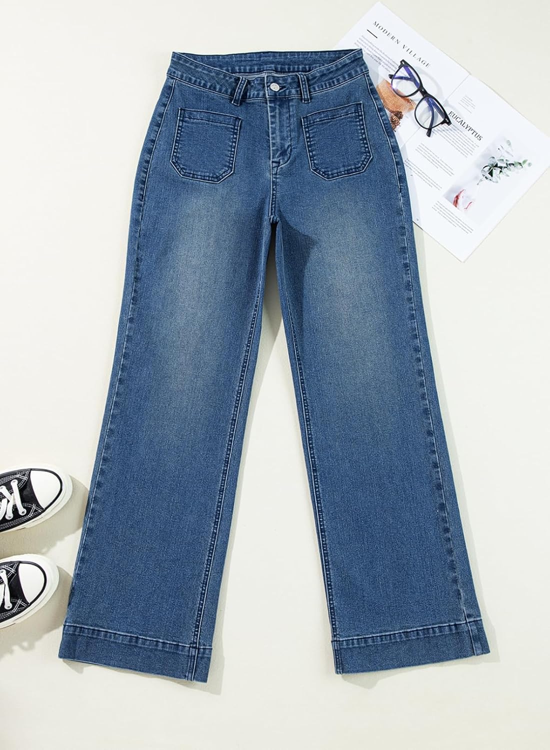 Detalle de Astylish AHBW7874977-P Women's High-Waisted Wide-Leg Stretch Jeans