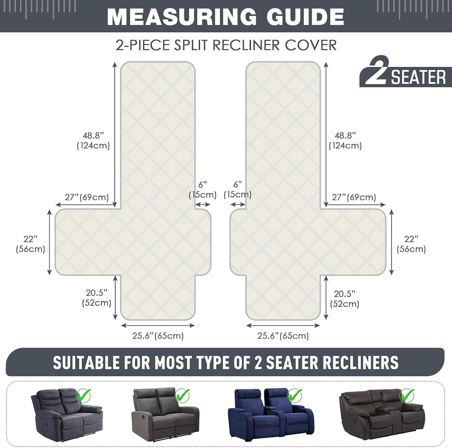Detalle 2 de TAOCOCO JS-CA-MRS-2ST-BG-1 Waterproof 2-Seater Recliner Cover, Dark Grey