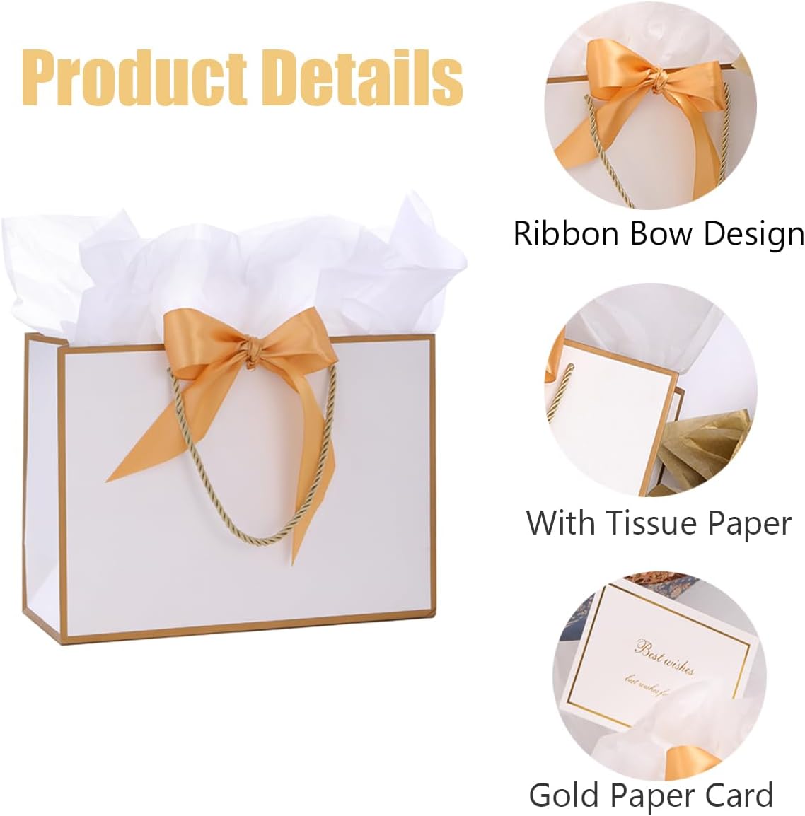 Thumbnail 2 de Dimetey 8-Pack Metallic Paper Gift Bags with Handles, Bow Ribbon, Tissue & Card (White, 20 x 28 x 10cm)