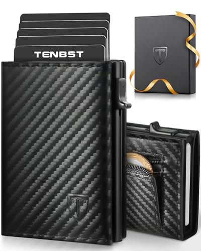 Detalle de TENBST Carteras para Hombre: porta tarjetas de fibra de carbono con protección RFID, diseño minimalista y cierre magnético