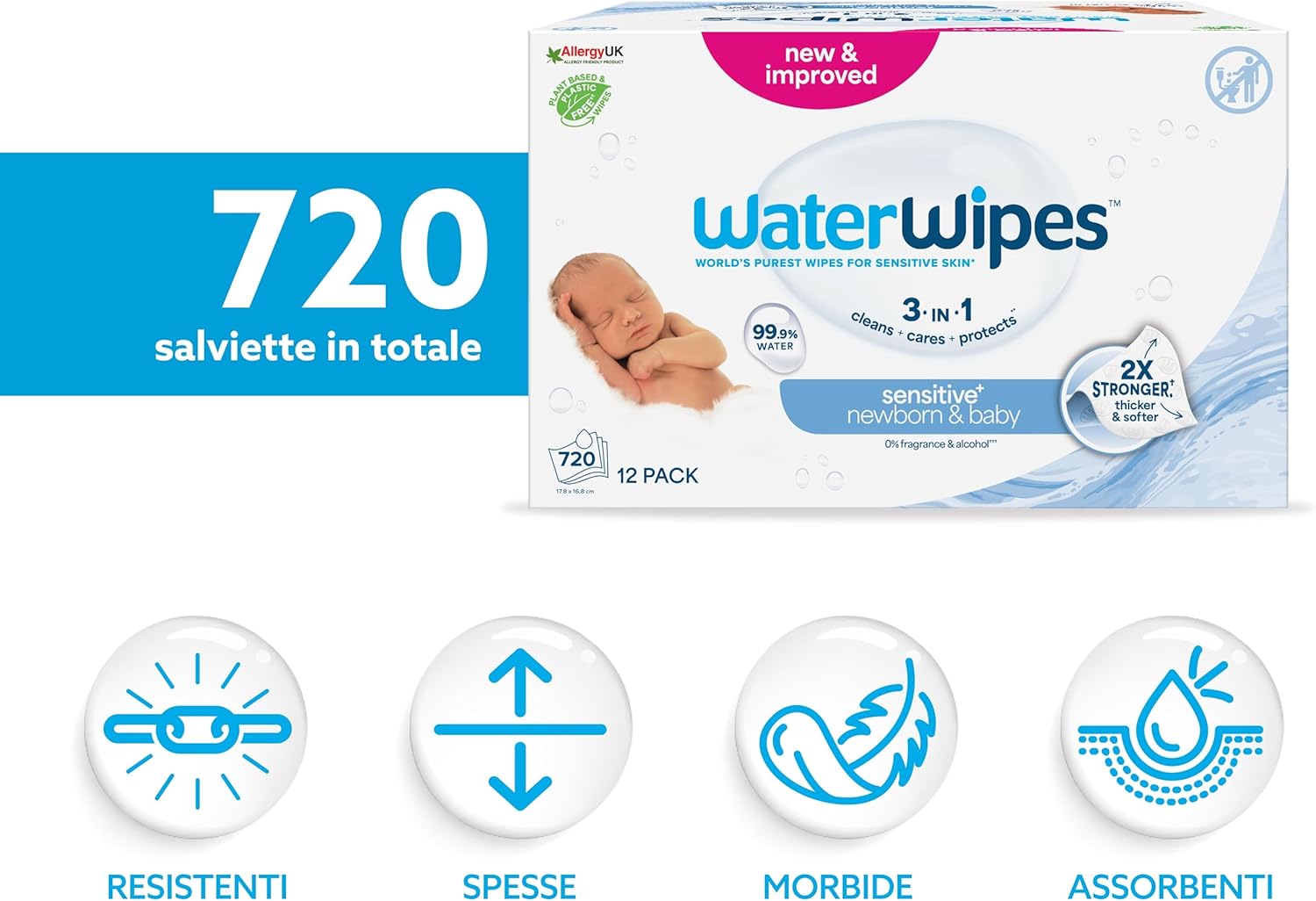 Thumbnail 1 de WaterWipes Sensitive+ Newborn & Baby Wipes, 720 pezzi (12 confezioni) – pulizia delicata con 99,9% acqua purificata