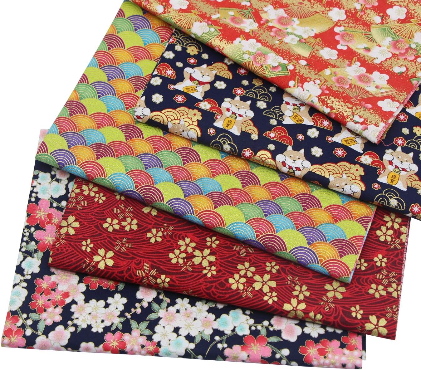 Detalle de aufodara 5er Baumwollstoff Meterware 50x50 cm – Japanischer Stil, Blumenmuster, Gold Bronzing