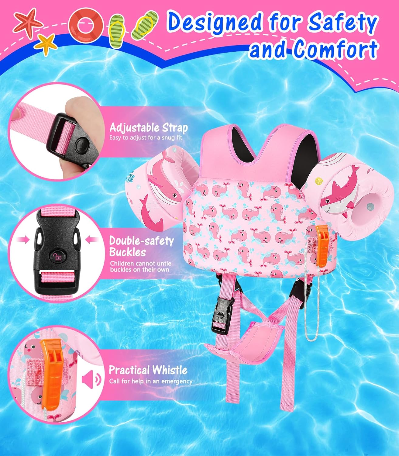 Thumbnail 2 de MoKo Swim Arm Floaties (15–30 lbs) Toddler Swim Vest for Kids with Crotch Strap and Whistle, Baby Pink Whale