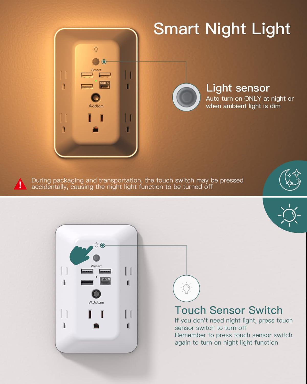 Detalle 1 de Addtam Surge Protector 9-in-1 with Night Light 5-Outlet USB