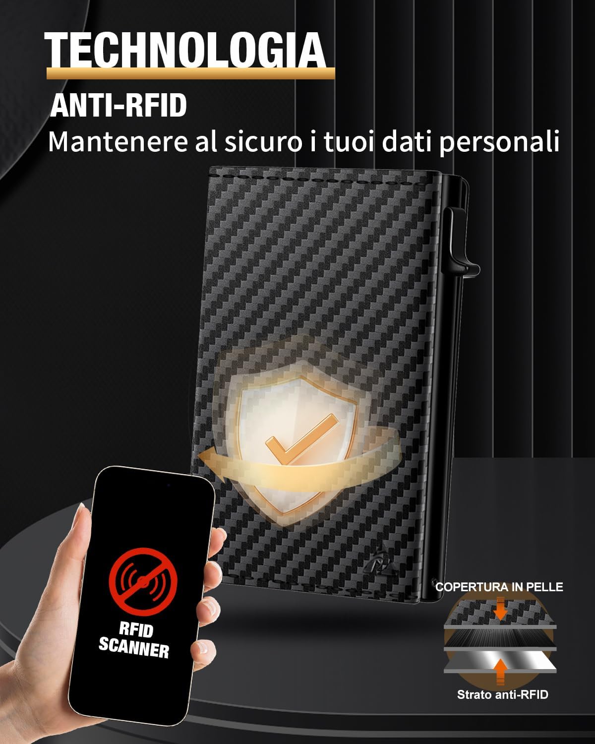 Detalle de Portafoglio Uomo Slim con Chiusura Magnetica, Finestra ID e Protezione RFID – 11 Carte, Portacarte in Pelle con Porta Monete