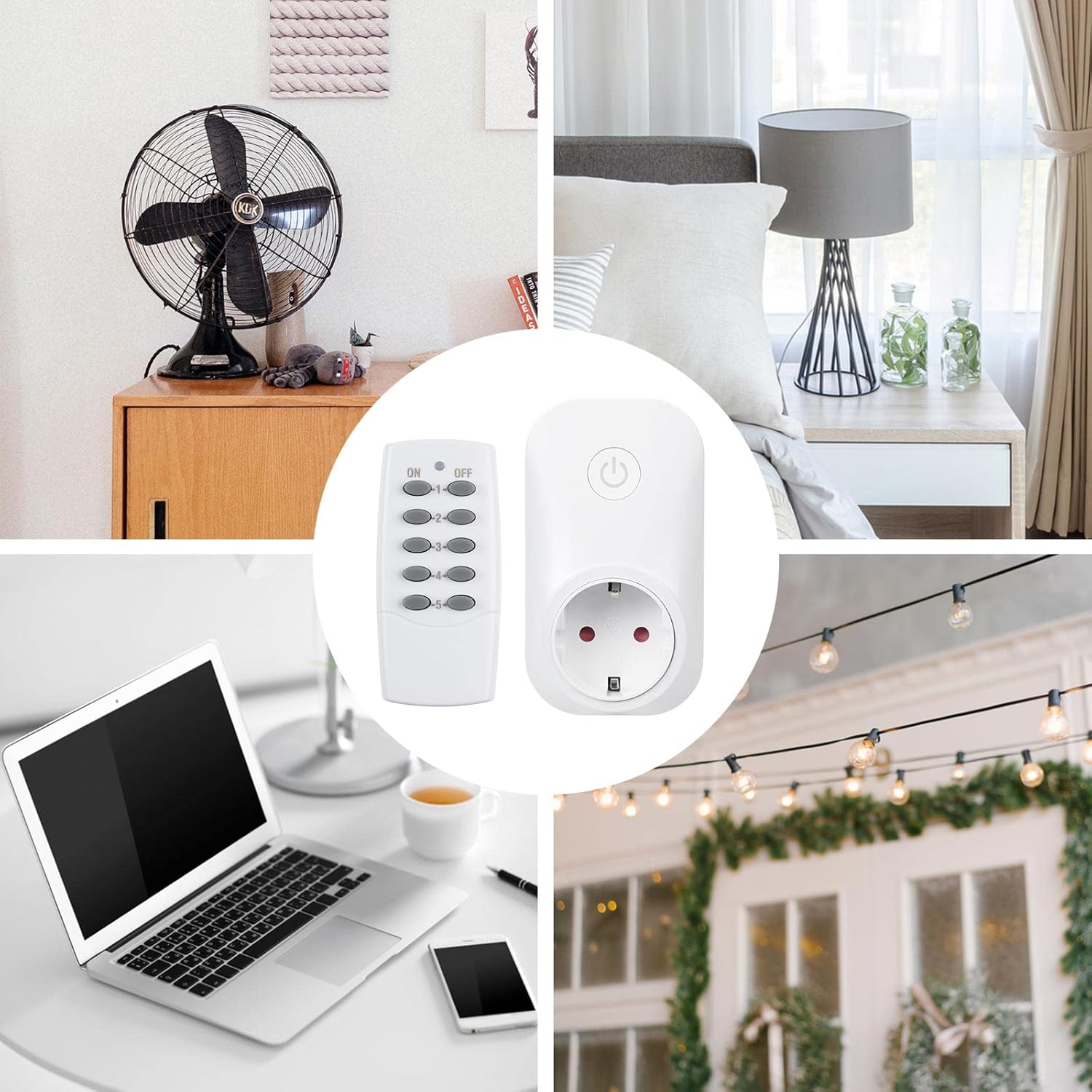 Detalle 2 de HBN Funksteckdosen-Set (5x Steckdosen) mit 2 Fernbedienungen – 3680 W, 230 V, Reichweite bis 30 m, Weiß