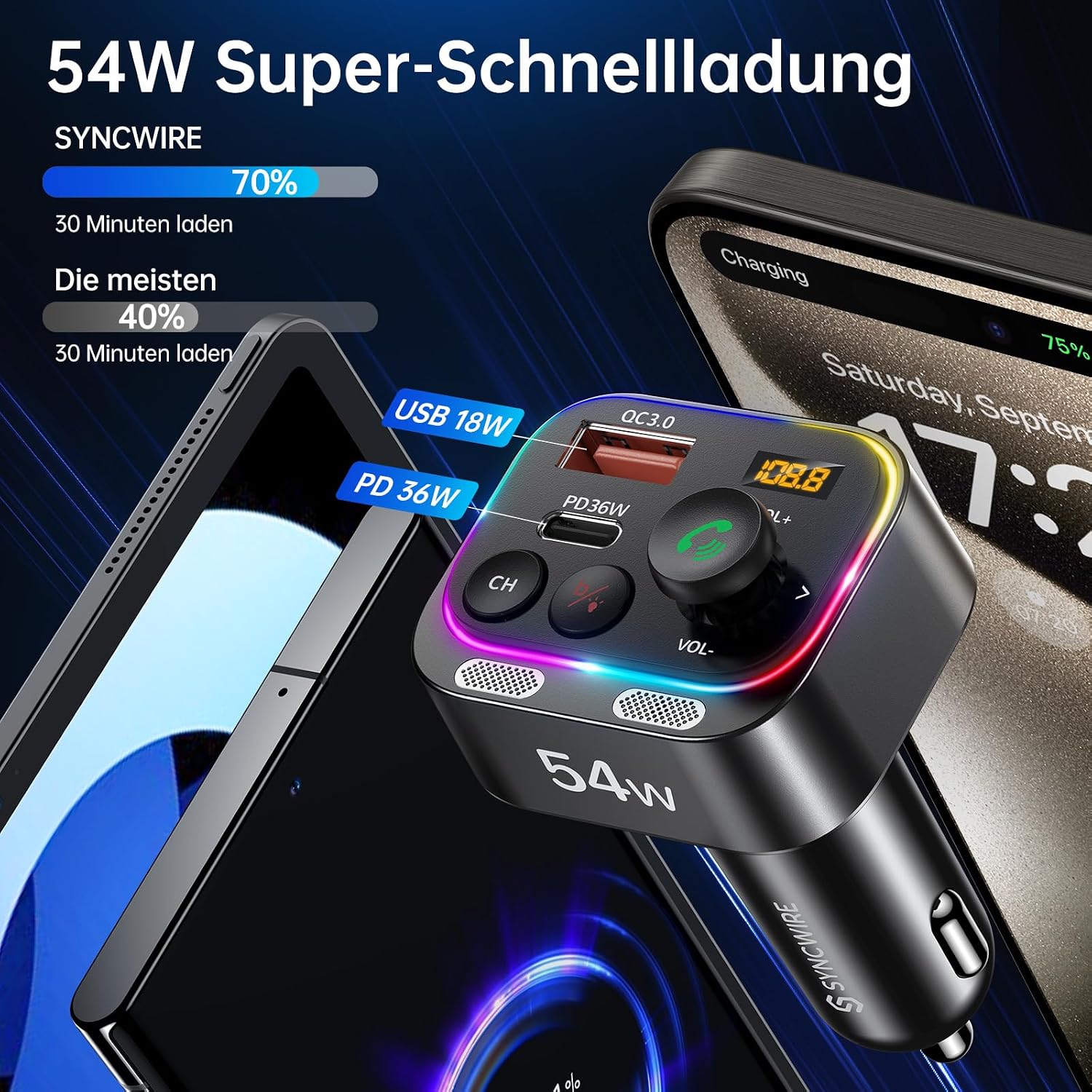 Thumbnail 3 de Syncwire Bluetooth 5.4 FM Transmitter Auto Ladegerät 54W PD & QC3.0 – Freisprechanlage mit Dual-Mikrofonen, LED-Display und HiFi-Bass