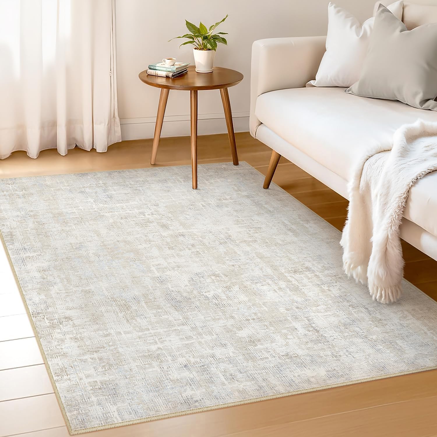 Detalle de PureCozy Beige/Grau Kurzflor Teppich 140x200 – waschbar, rutschfest und pflegeleicht für Wohnzimmer & Co.