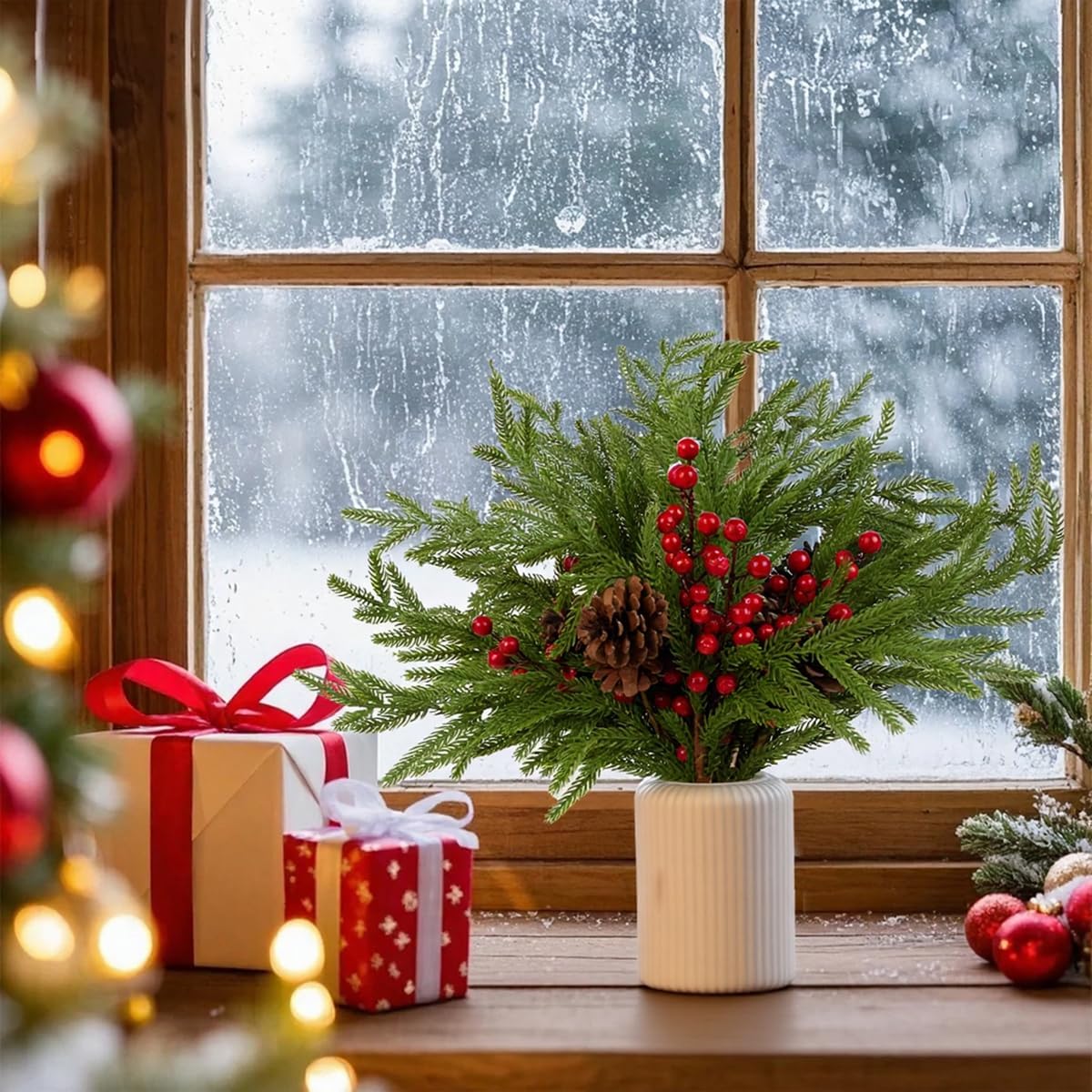 Detalle de HBell 6Pcs Norfolk Pine Stems, 18" Real Touch Artificial Pine Branches with Pine Cones and Red Berries