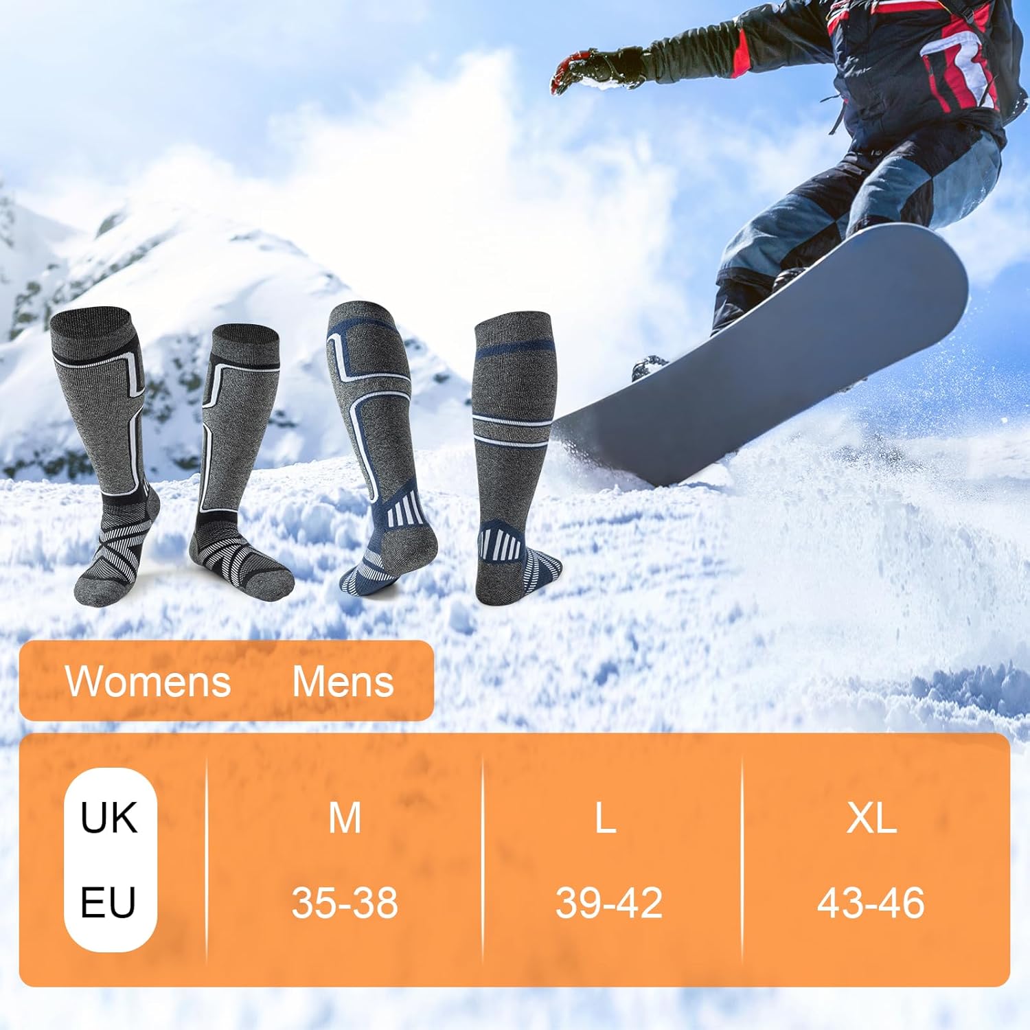 Detalle de Ciorld Merino Wool Ski Socks – 2 Pairs, Warm, Cushioned and Non-Slip for Men (UK)