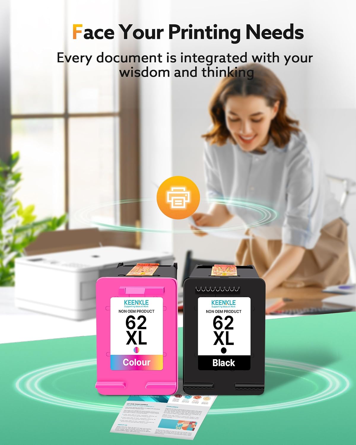 Detalle de KEENKLE 62XL Ink Cartridges – Twin Pack, Compatible with HP 62 (Black & Colour) for Envy, Officejet & Mobile Printers