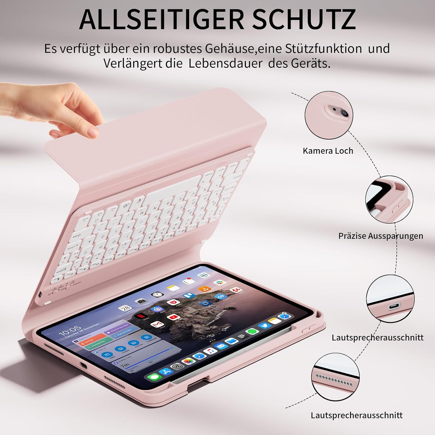 Thumbnail 3 de GKABXY Tastatur-Hülle für iPad 11 (A16) & iPad 10.9 (2022) – abnehmbare, beleuchtete Magnet-Tastatur (Rosa)