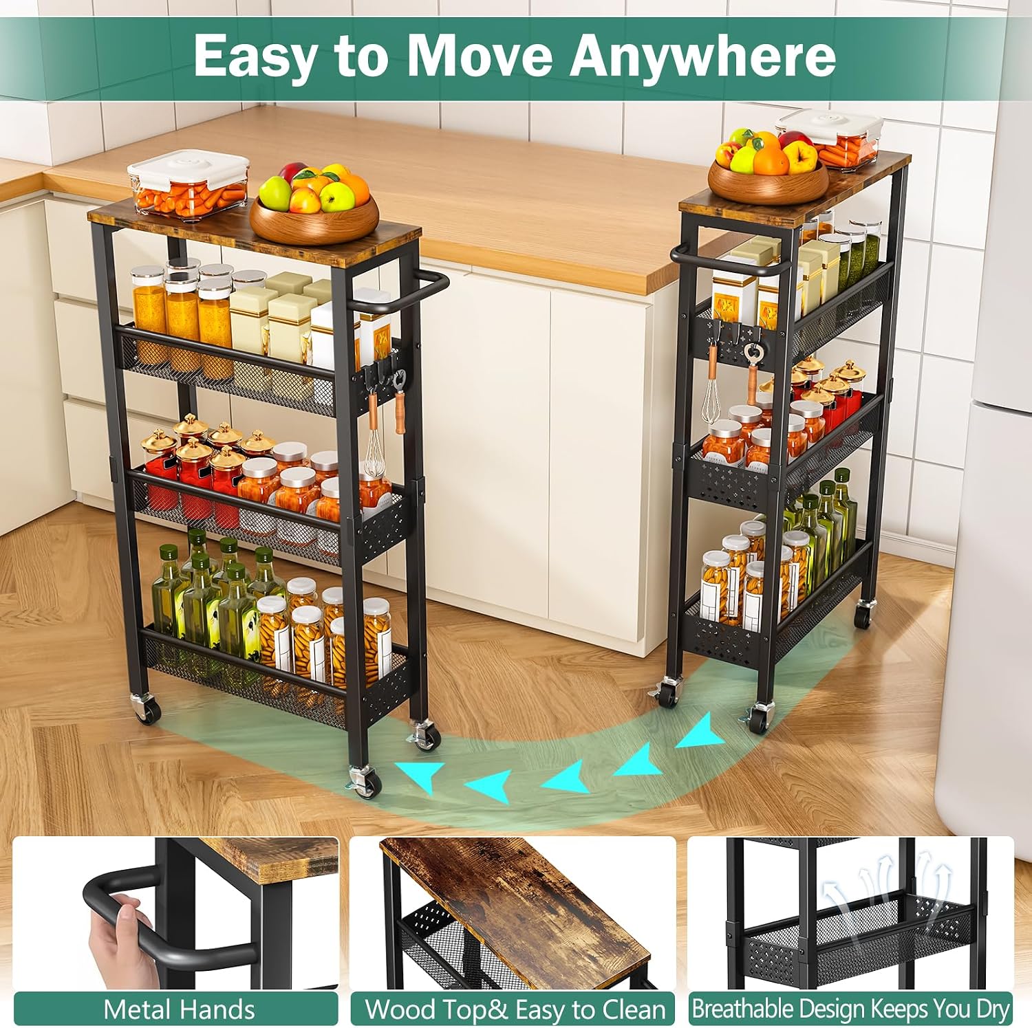 Detalle de Vivihomety Utility Slim Storage Cart with Wood Top and Wheels