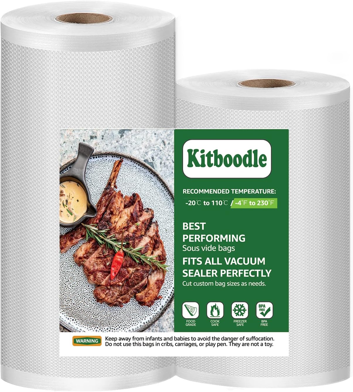 Detalle de Kitboodle Reusable Vacuum Sealer Rolls, 8" and 11", BPA-Free, Embossed