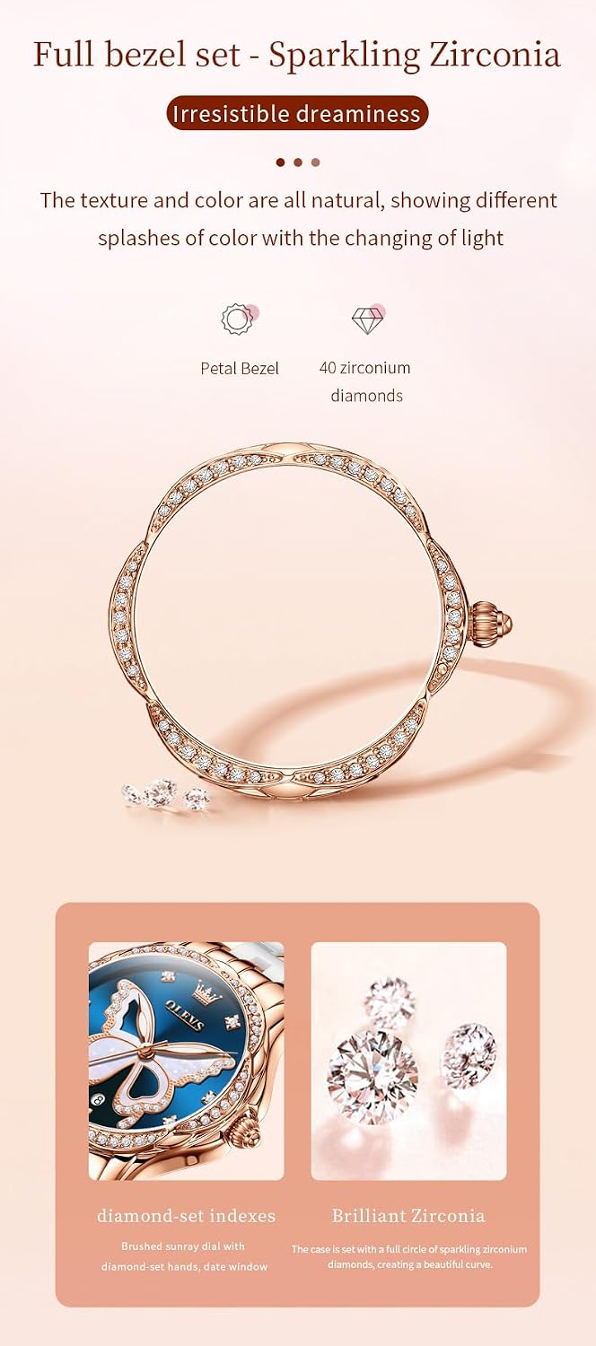 Thumbnail 4 de OLEVS Damen-Diamantuhr: Elegante Luxus-Armbanduhr aus Roségold mit Keramikglas