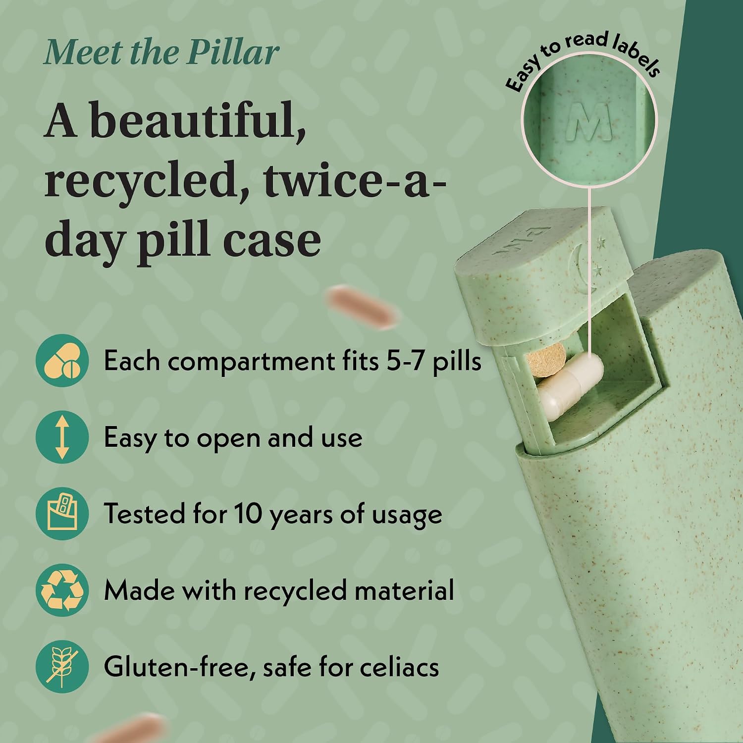 Detalle de Sequence Pillar AM/PM Pill Organiser (Sage Green) – 7 Day, 2 Times a Day Tablet Box