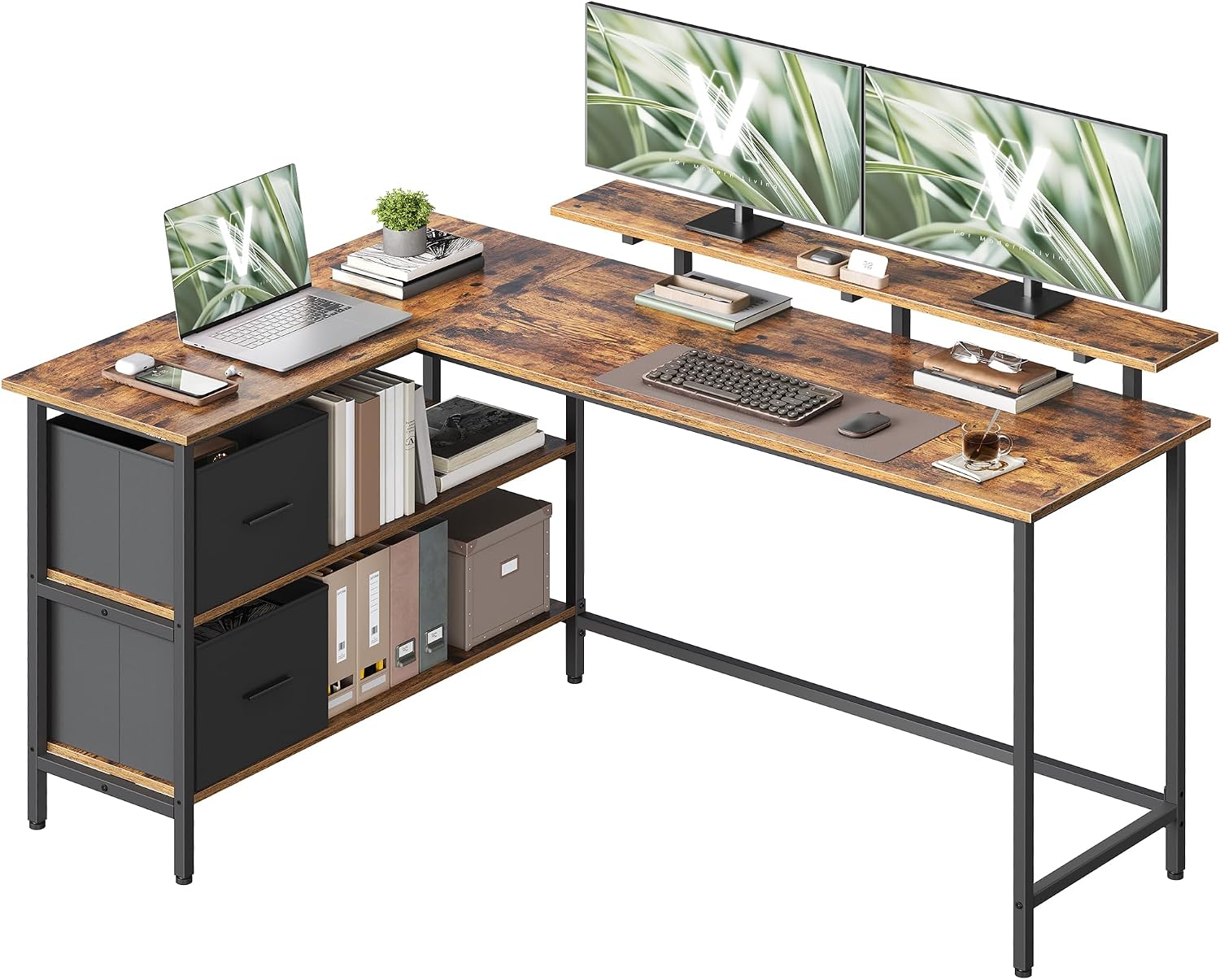 Detalle de VASAGLE LWD129K101 L-Shaped Computer Desk with 2 Drawers and Monitor Stand