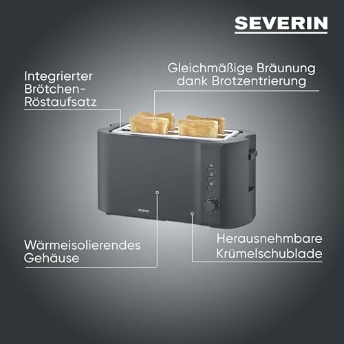 Detalle 2 de SEVERIN Toaster Langschlitz 4 Scheiben AT 2591 – matt-schwarz, inkl. Brötchenaufsatz
