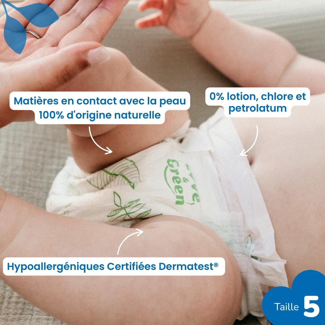Detalle 2 de Love & Green Couches Bébé Saines et Écologiques – Taille 5 (11-25 kg) – Pack 1 Mois (160 couches)
