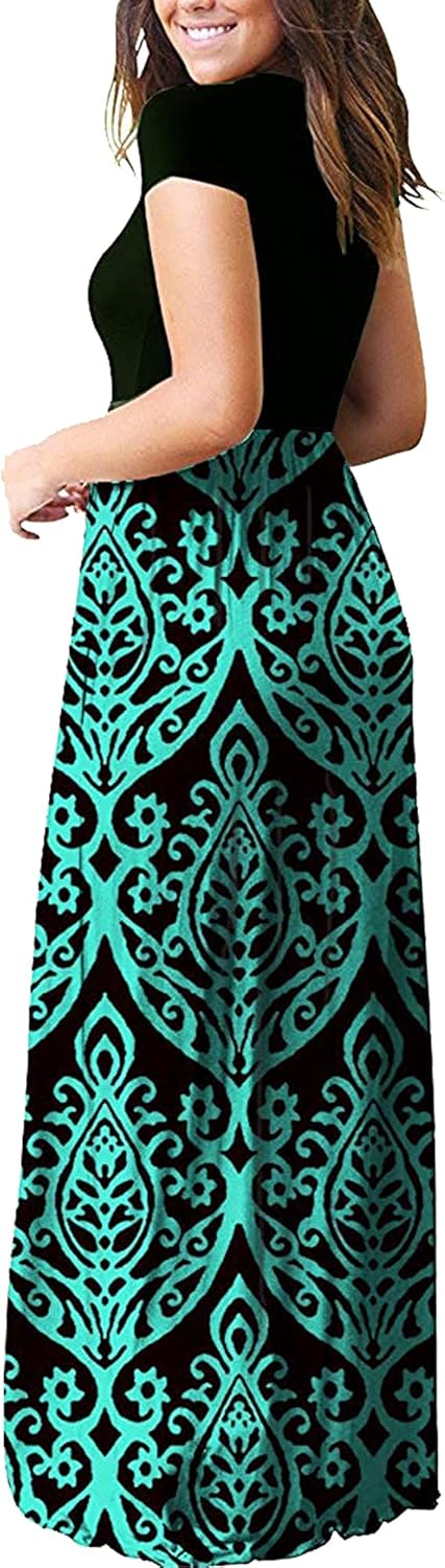 Detalle de AUSELILY Damen Kurzarm Sommer Casual Long Maxi Kleider mit Taschen – locker, bodenlang & mit praktischen Seitentaschen