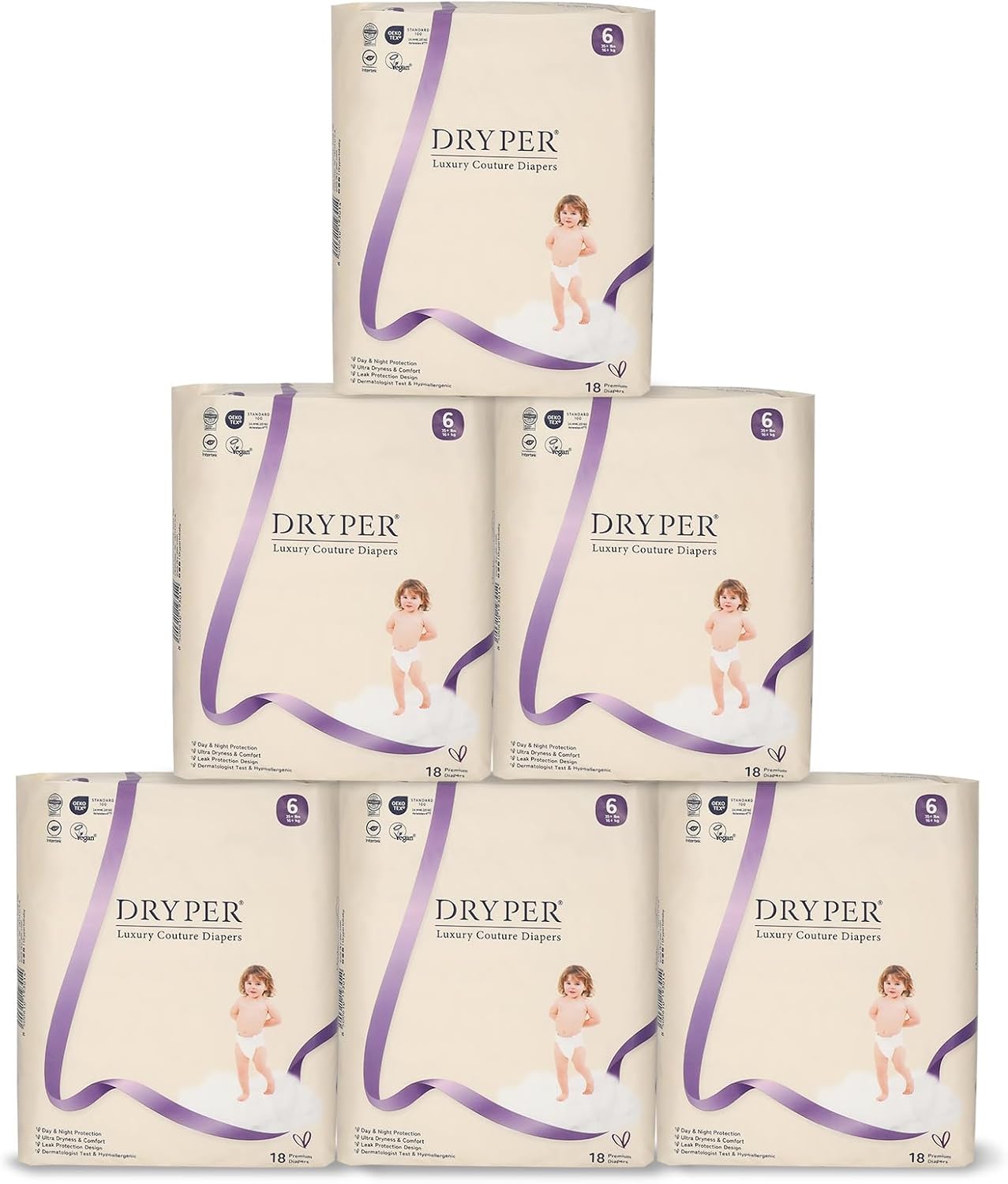 Detalle de DRYPER Size 6 Ultra-Thin Nappies (16kg+), 108 Count – Hypoallergenic with 3D Leak Guards