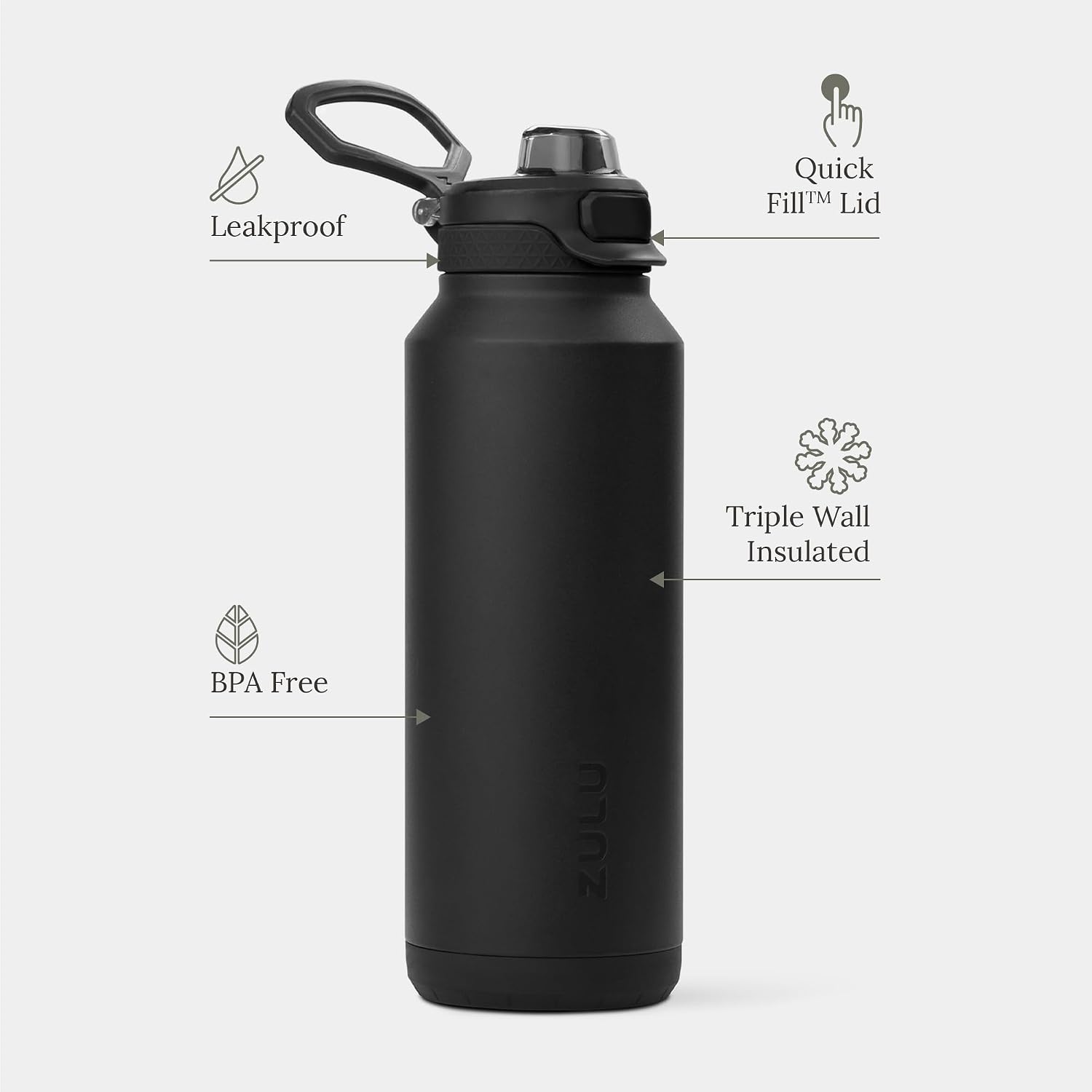 Detalle de ZULU Powerfill Pro 40oz Stainless Steel Water Bottle with Quick Fill Lid (Leak-Proof Locking Lid) - Black