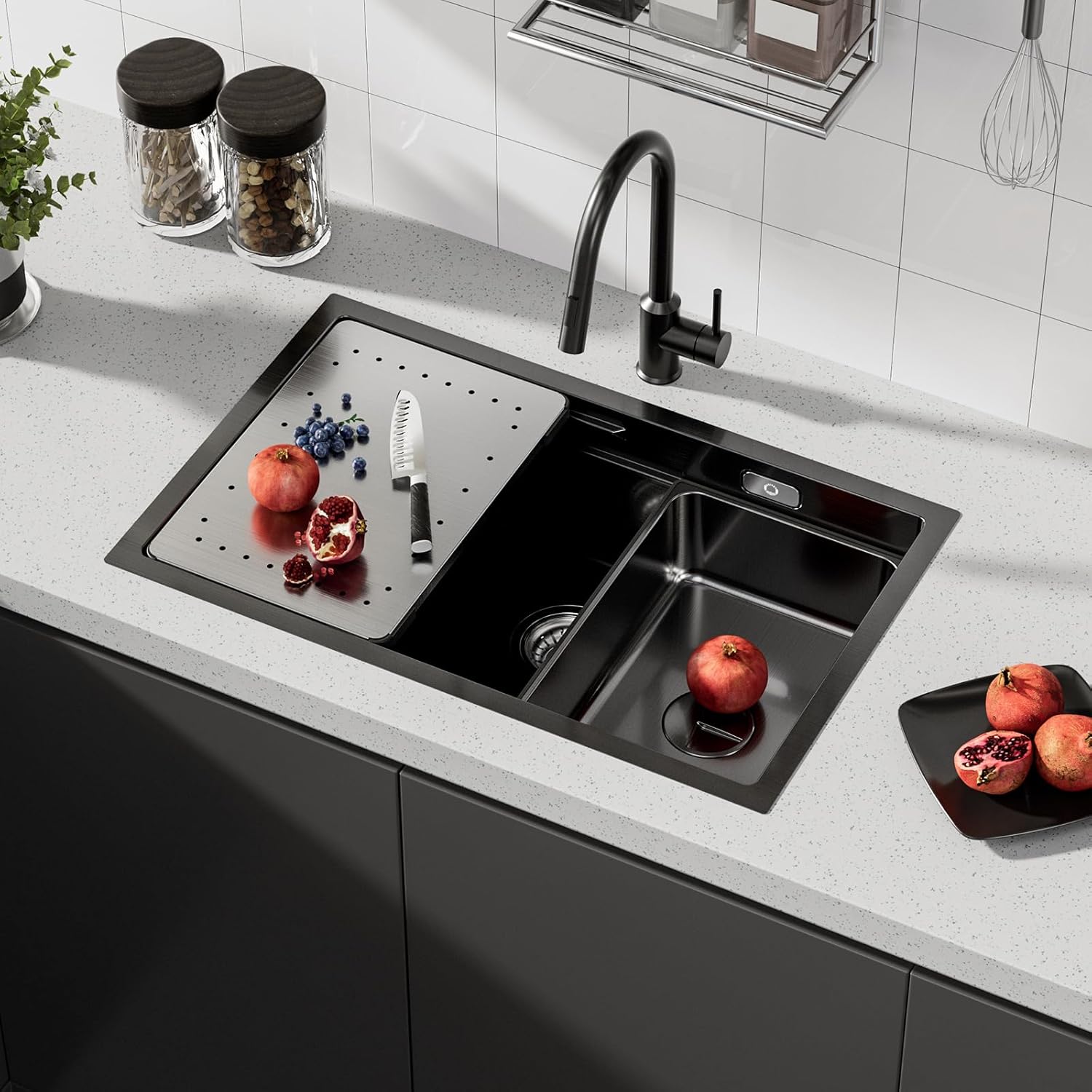 Thumbnail 1 de CECIPA Lavello nero 70 x 44 cm in acciaio inox con tagliere e accessori — set 3 in 1