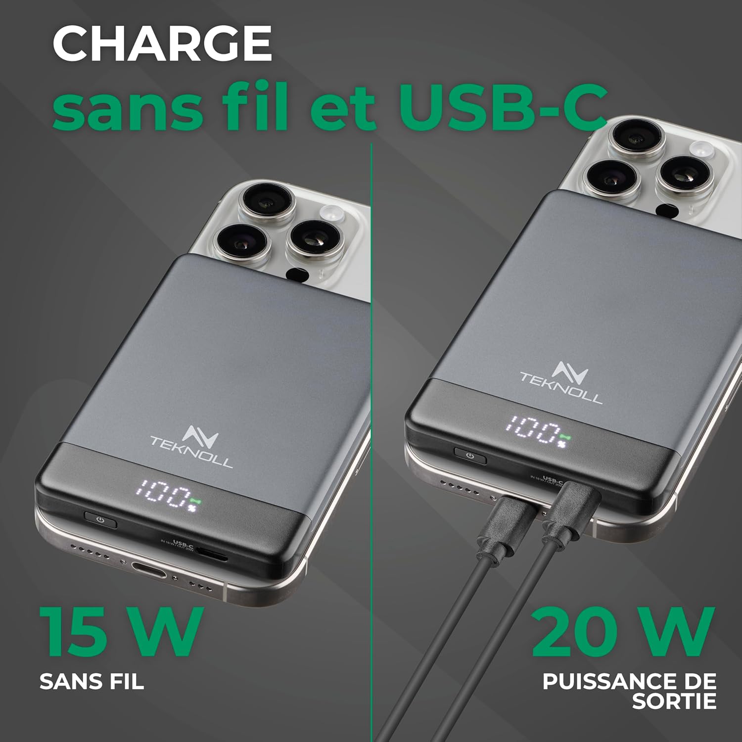 Thumbnail 1 de Teknoll Power Bank 5000 mAh MagSafe : charge MagSafe sans fil jusqu’à 10 W, USB‑C PD 20 W avec écran LED