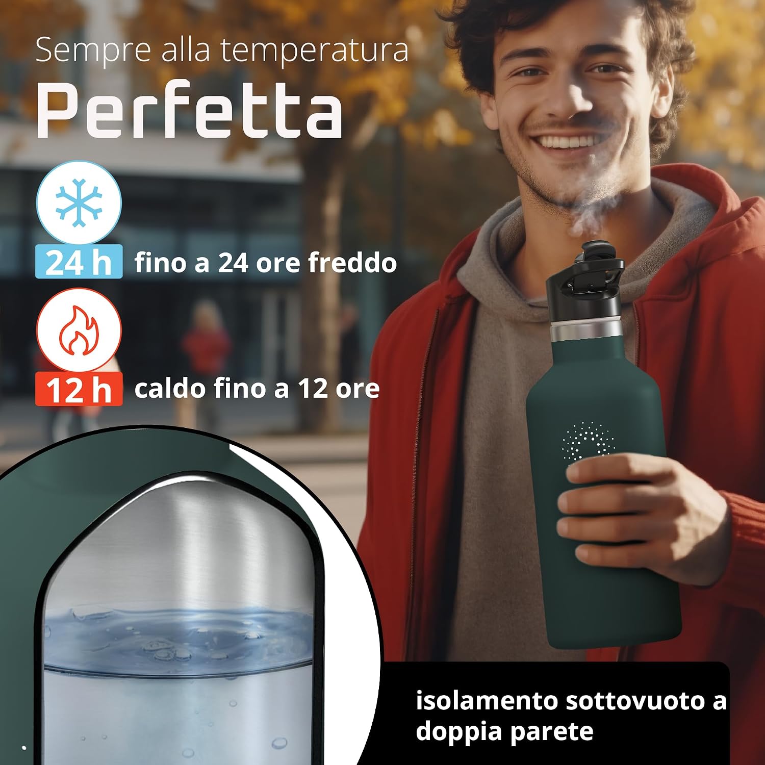 Detalle de BeMaxx Borraccia Termica ACTIVE FLASK 950 ml: infusore, tre tappi e acciaio inox, senza BPA