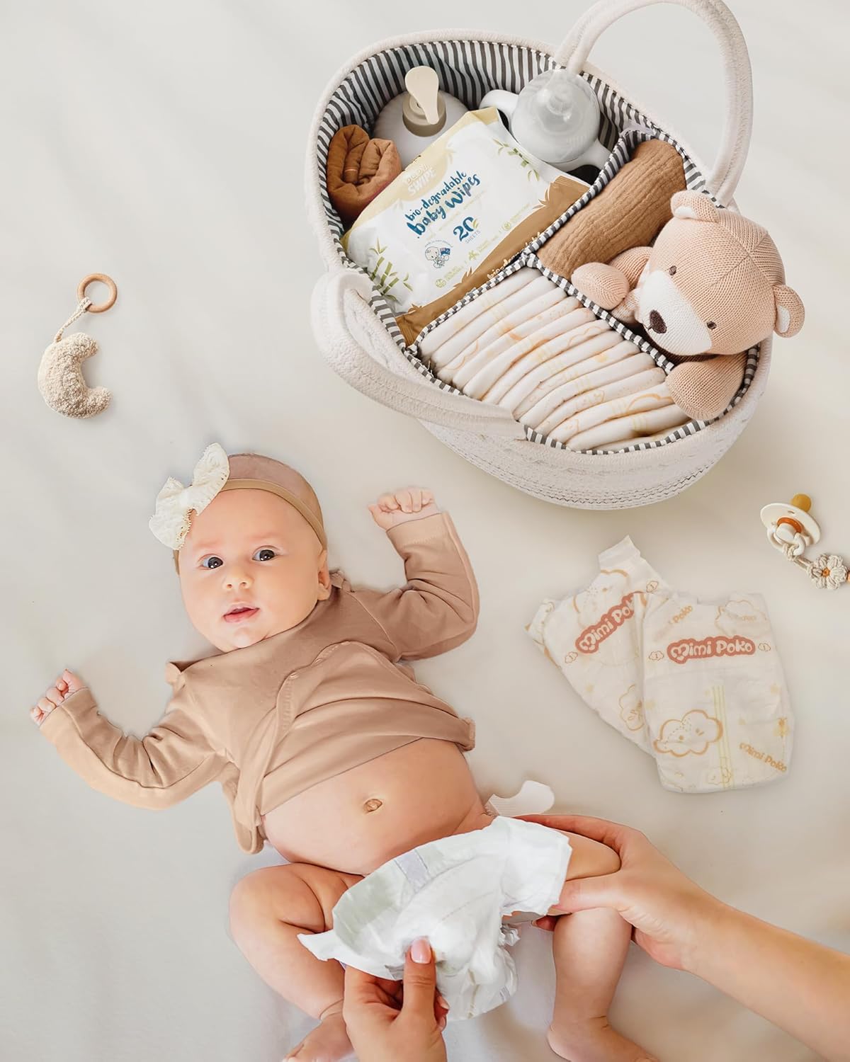 Detalle de Maliton Nappy Caddy, Cotton Rope with Removable Dividers – White & Wavy, 36×22×18 cm