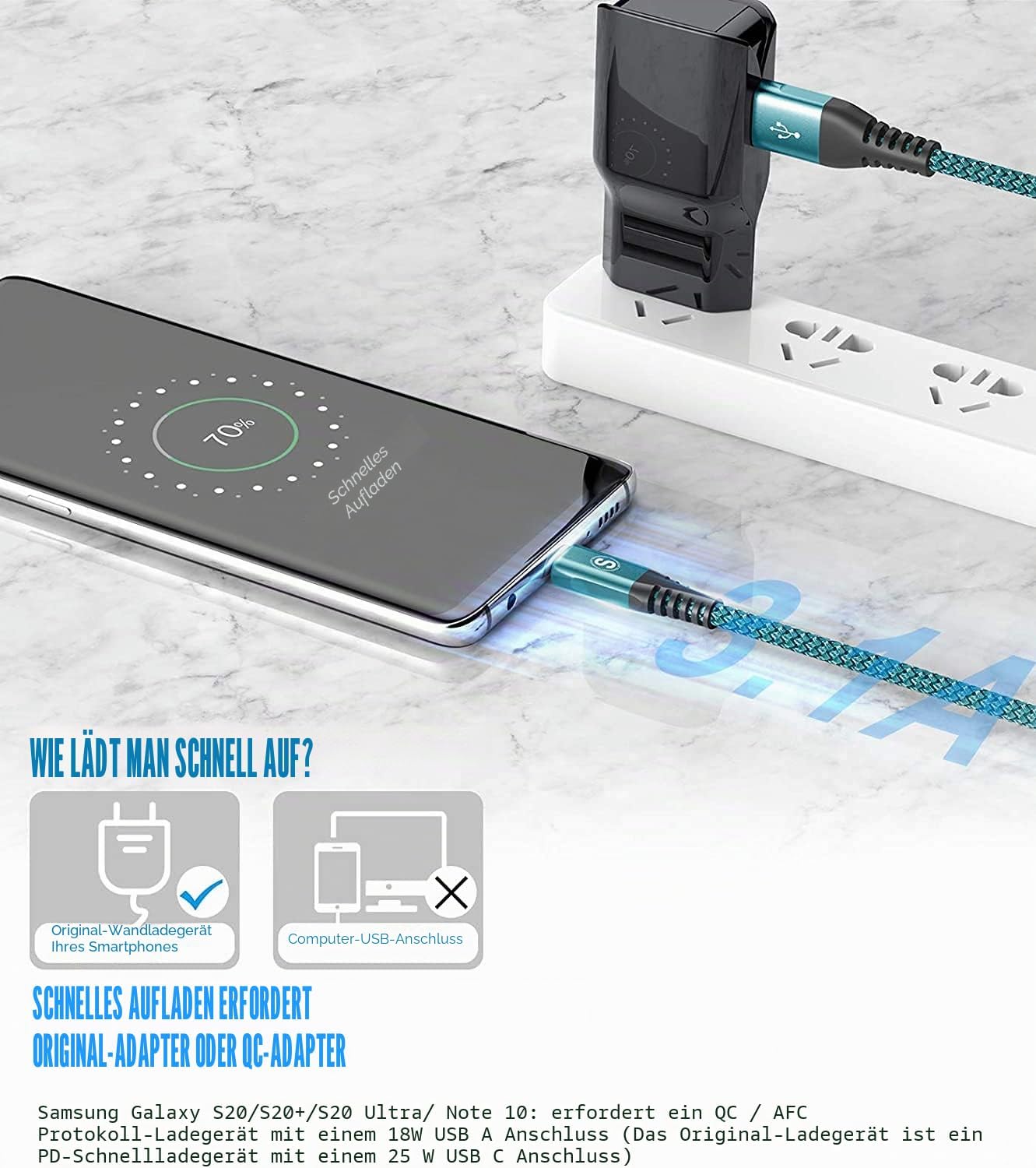 Detalle de Sweguard USB-C Kabel 3.1A (2er Set, 3 m) – Schnellladung & Datenübertragung