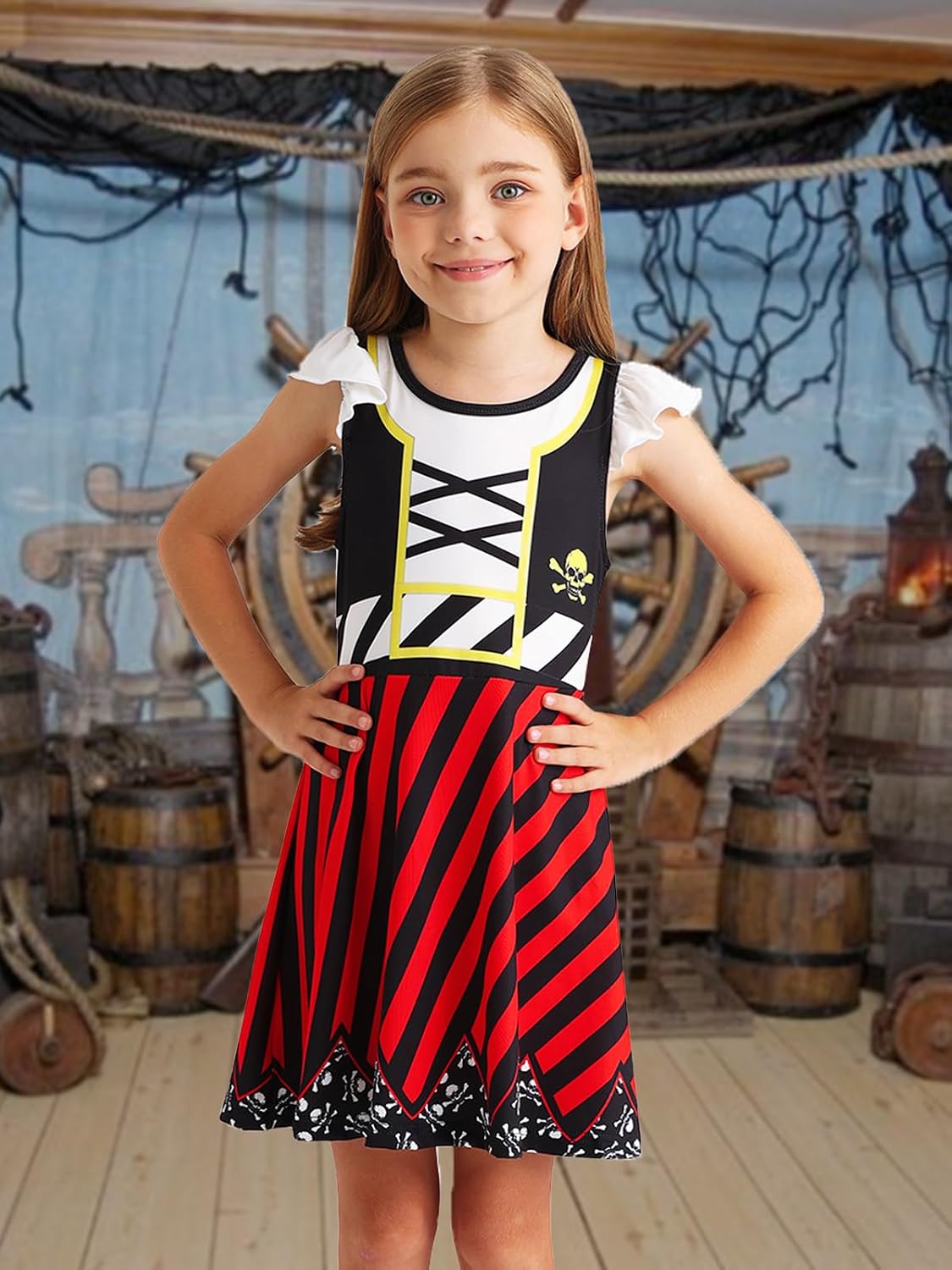 Detalle 2 de Eledobby Girls Pirate Costume Dress, Knee-Length Cartoon Print with Flutter Sleeves