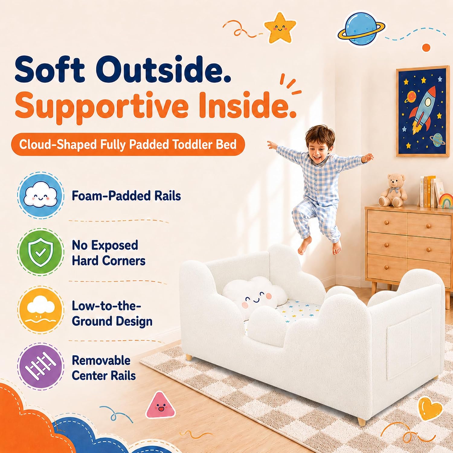 Thumbnail 1 de Ancelny Toddler Floor Bed with Removable Rails, Cozy Upholstery and Two Setup Options