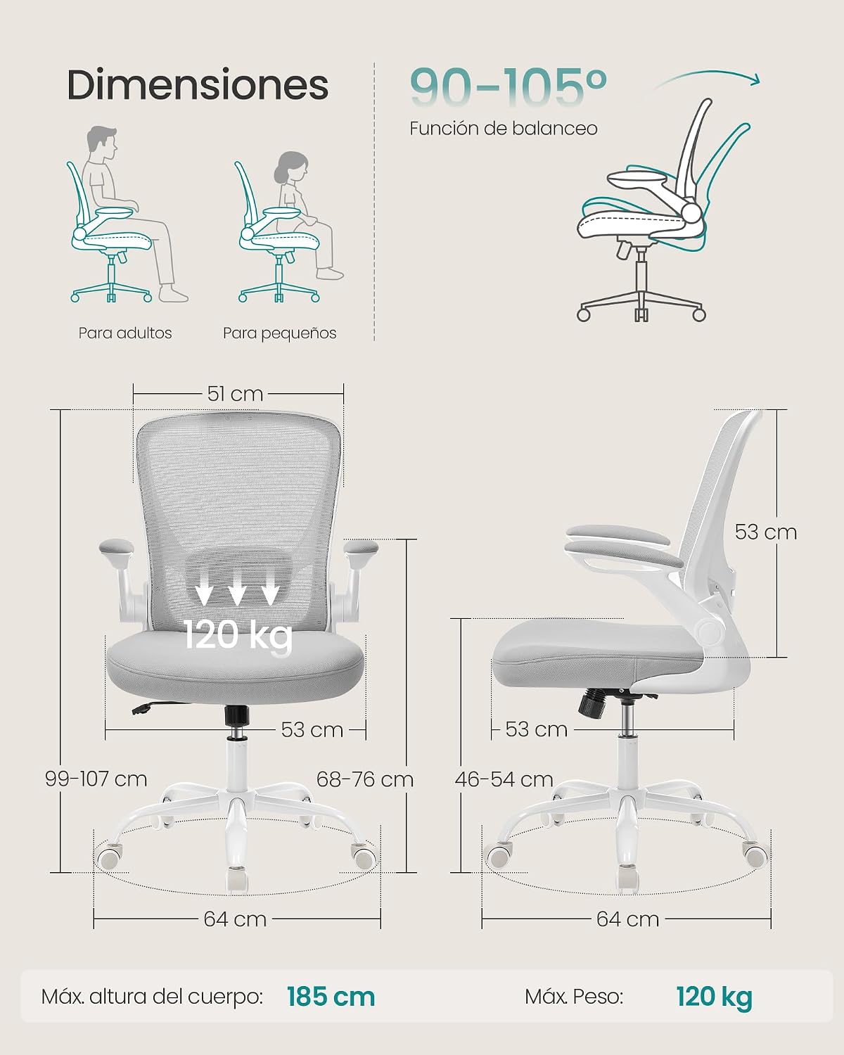Detalle 2 de SONGMICS OBN037G02 Silla de oficina 53 cm