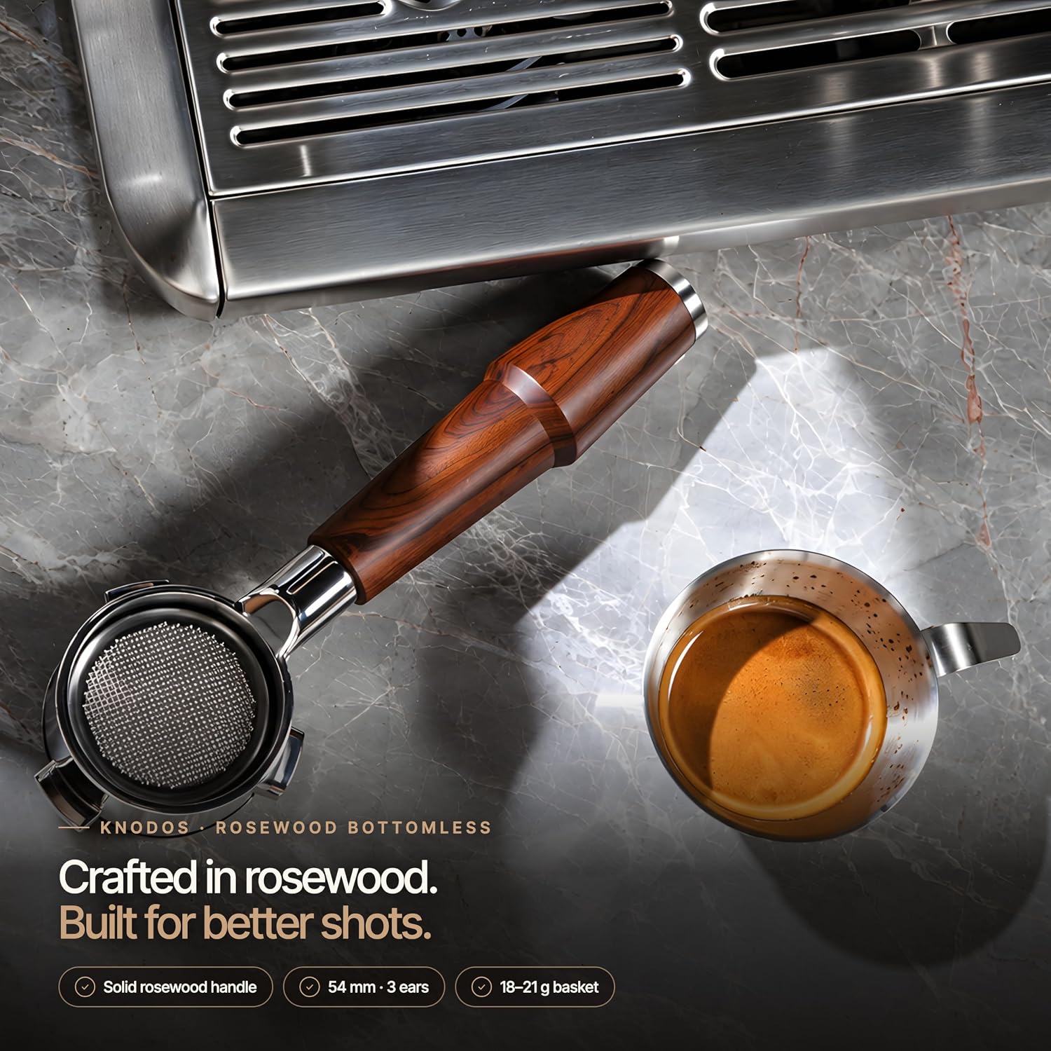 Detalle 2 de KNODOS KNODOS001W 54 mm Bottomless Portafilter with Rosewood Handle