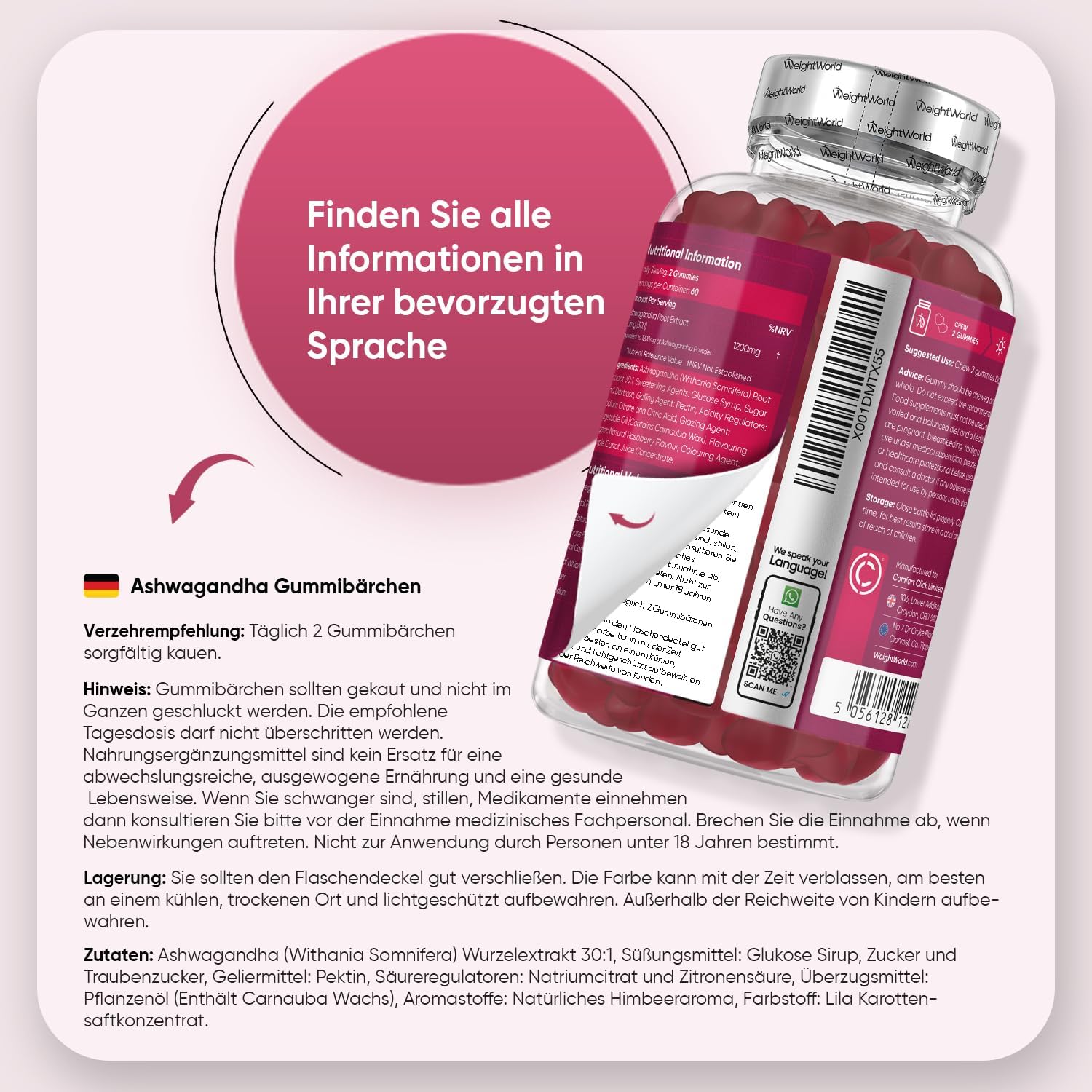 Thumbnail 3 de Ashwagandha Gummies (WeightWorld) – 120 vegane Gummibärchen mit 1.200 mg pro Portion, Himbeergeschmack