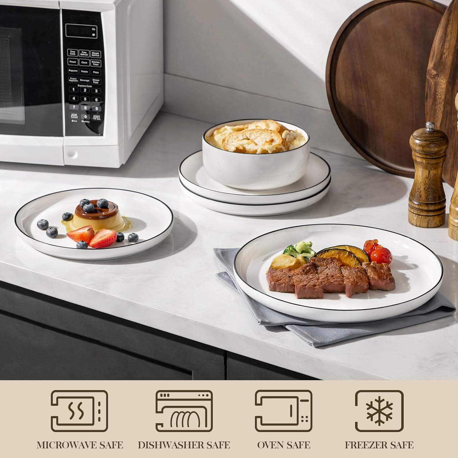 Thumbnail 3 de MALACASA Luna 24-Piece Porcelain Dinnerware Set (Plates and Bowls for 8), White with Black Rim