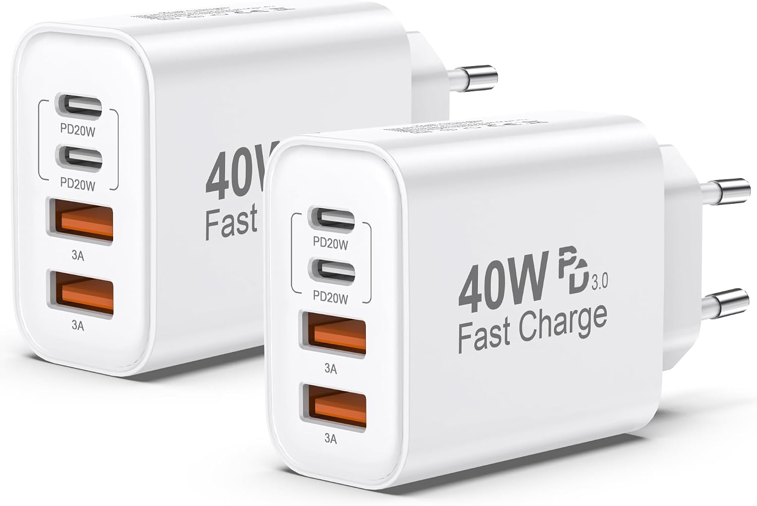 Detalle de Caricatore USB-C 40W a 4 porte (2 pezzi) – ricarica rapida PD/QC3.0 per iPhone, iPad e Samsung