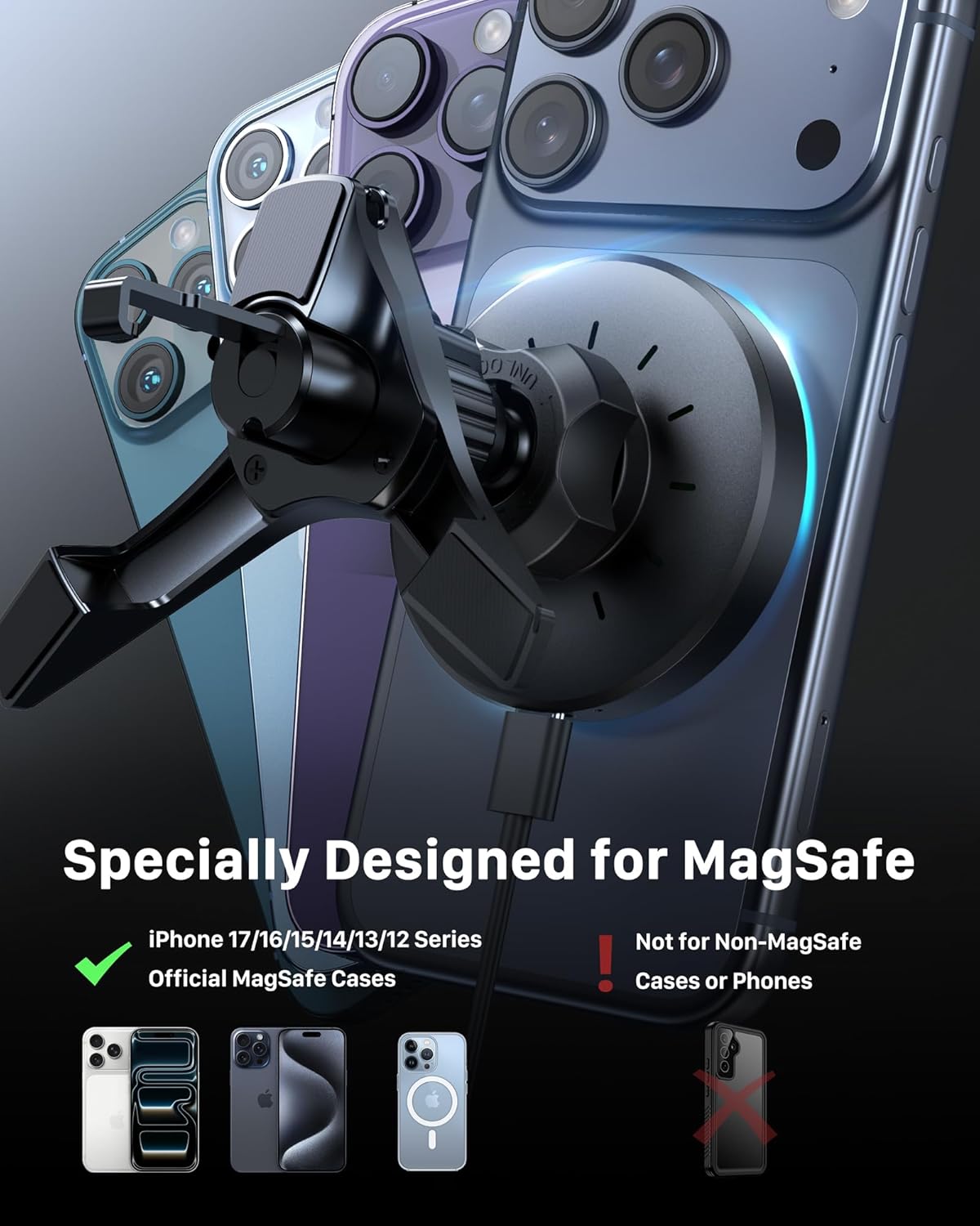 Detalle 2 de YOSH Caricabatteria da auto MagSafe con ventola rotonda: supporto magnetico e ricarica fino a 15 W per Mercedes, Audi A1, Mini e Countryman