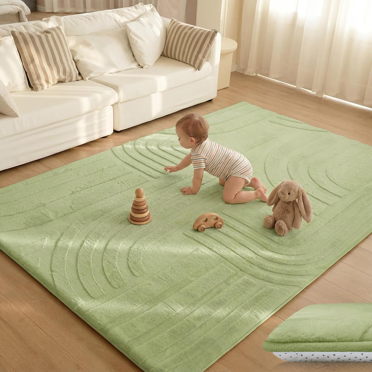 Detalle de Huloo Sleep 1.3-Inch Fluffy Baby Play Mat, Sage Green, 3D Carved, 4' x 6