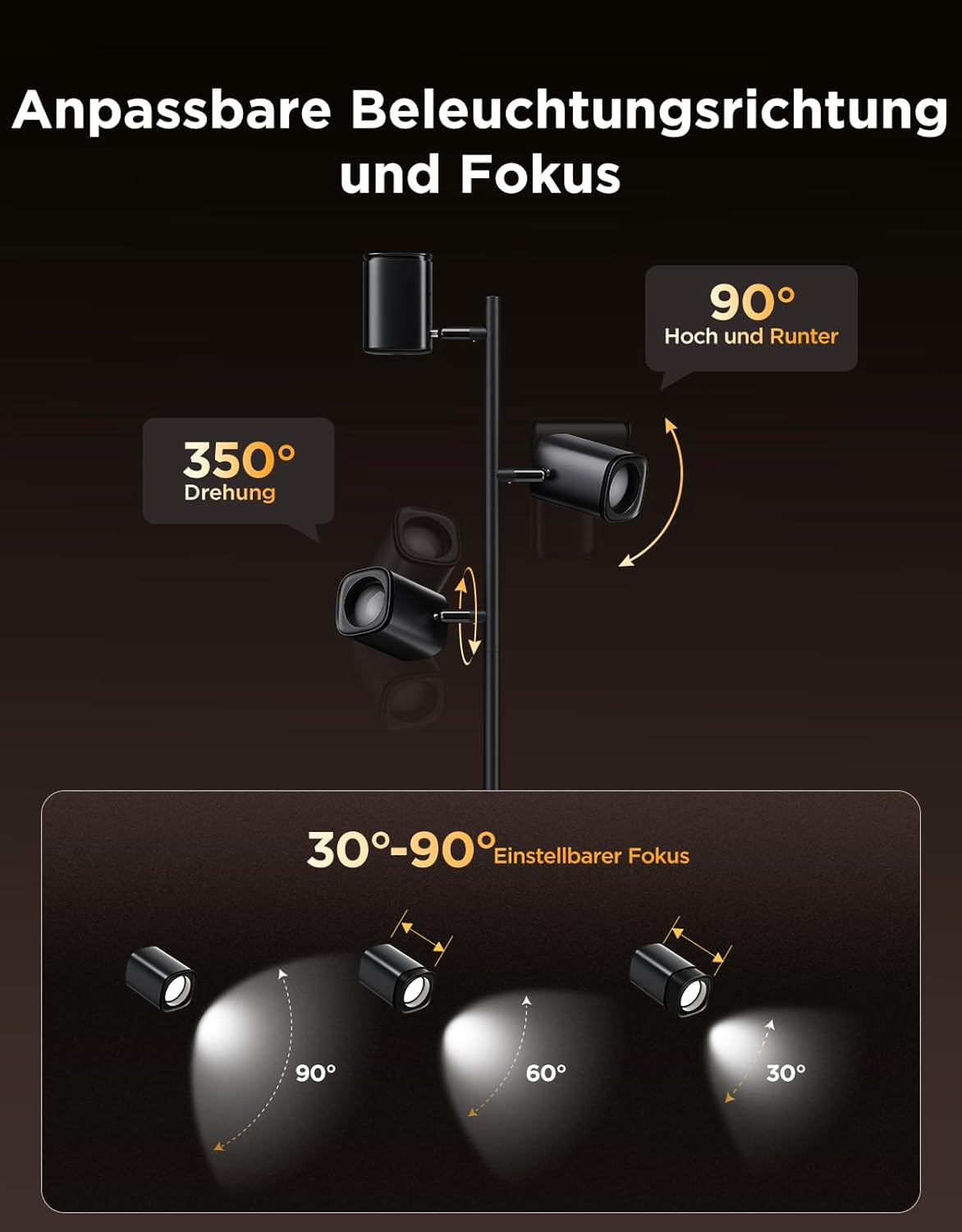 Thumbnail 2 de Govee 3-Flammen LED Stehlampe – RGBWW Fokus-Verstellbar, 1500 lm, Alexa/Matter kompatibel, 64 Szenen, Musiksync, 157 cm, Schwarz