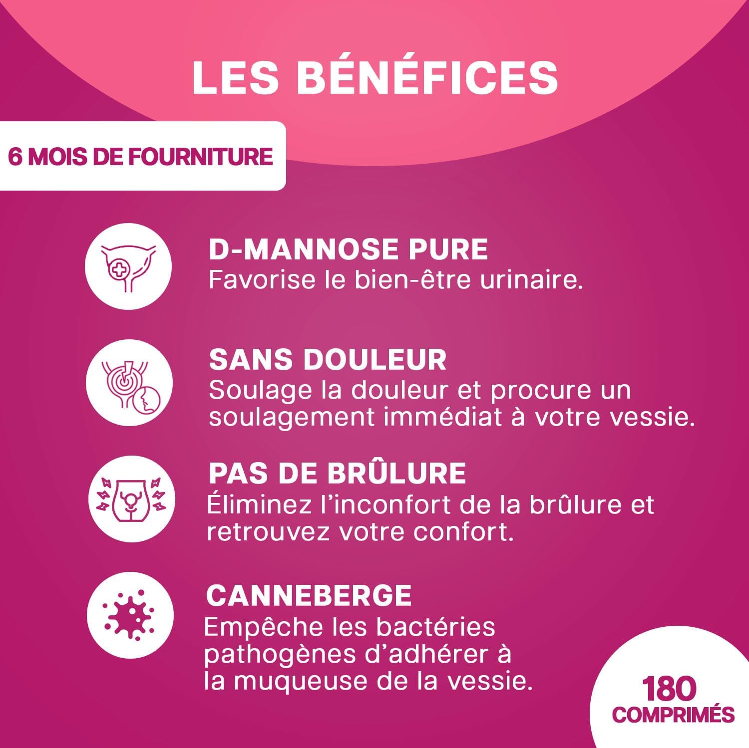 Detalle de D-MANNOSE 180 comprimés haute dose + Canneberge — Saint urinaire et cystite (Italie, sans gluten/lactose/sucre/soja)