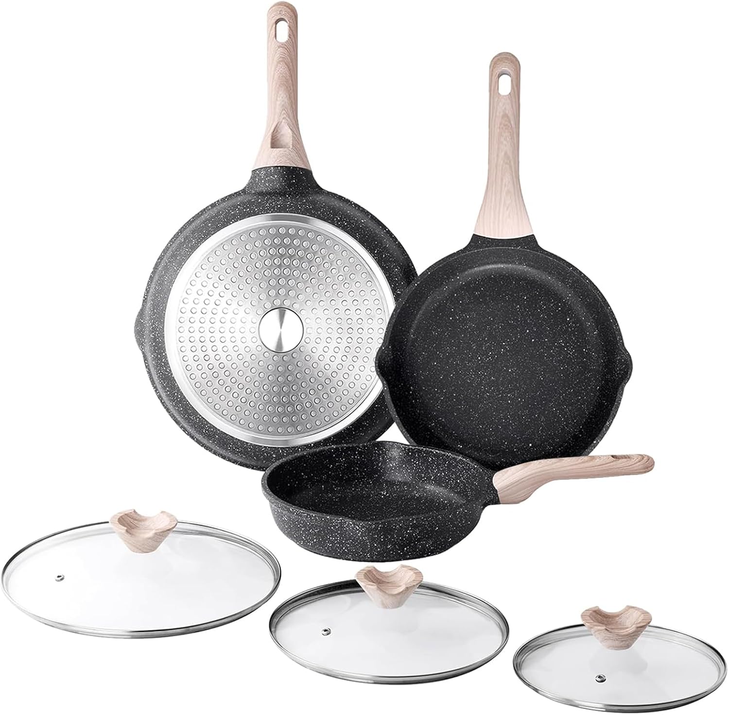 Detalle de Kordisen Nonstick Frying Pan Set with Lids (3-Piece) — Stay-Cool Bakelite Handles, PFOA-Free Induction Cookware