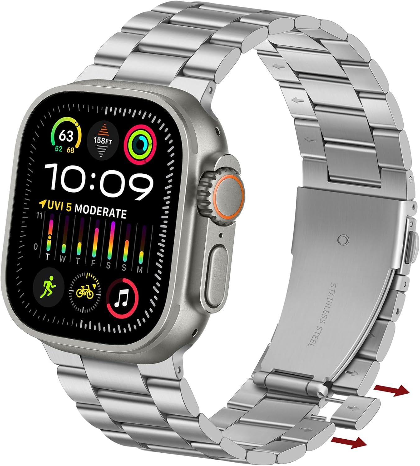 Detalle de Anlinser Metal Strap for Apple Watch Ultra/Series (49mm–42mm) – Silver, 192mm Length, Tool-free Adjustment