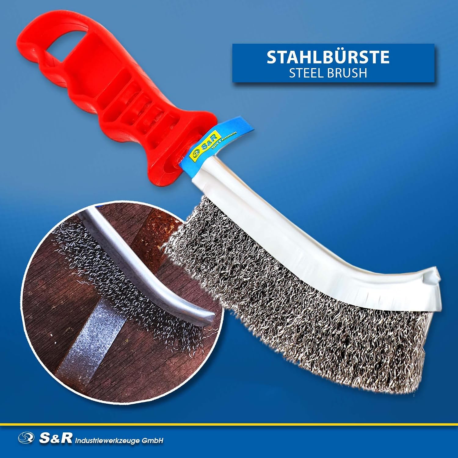 Detalle de S&R 135.033.265 handtrådborstset med tre borstar i stål, mässing och rostfritt stål