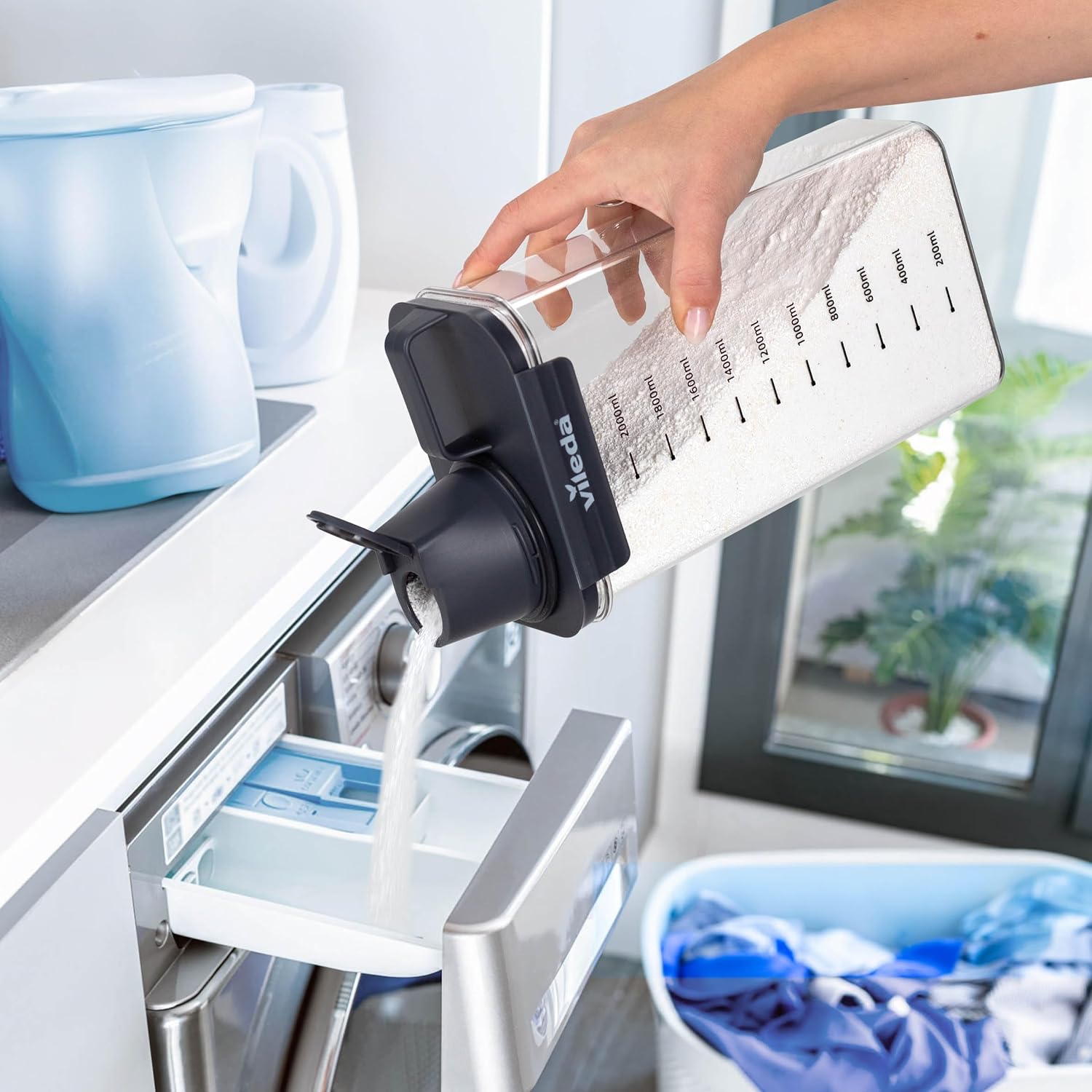 Detalle de Vileda Waschmittelbox 2300 ml grau – luftdichte Vorratsbox für Waschpulver & Flüssigwaschmittel mit Messbecher