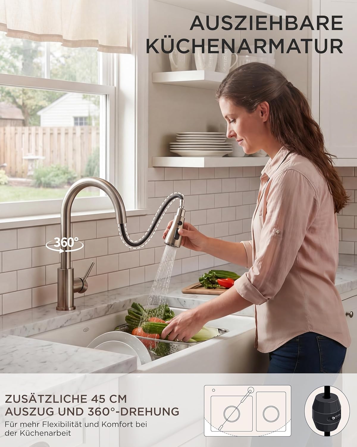 Thumbnail 3 de FORIOUS Küchenarmatur Niederdruck mit herausziehbarer Brause – Edelstahl 304, 360° Schwenkbar, 3 Anschlüsse, ABS Sprühkopf, G3/8