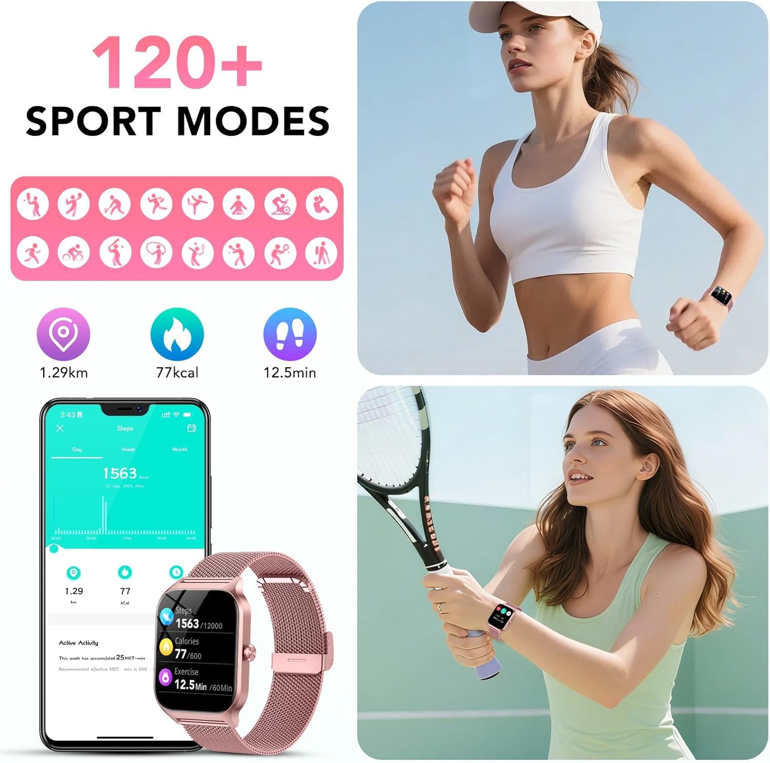 Detalle de CASCHO Montre Connectée Femme avec Appel Bluetooth – Écran 1,85'' HD, 120+ Modes, IP68, Rose