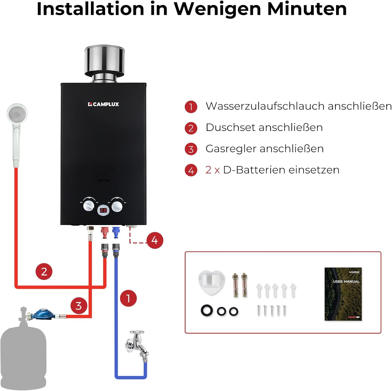 Thumbnail 6 de Camplux BW264BC-DE Gas-Durchlauferhitzer 10L/min – Propan/Butan, 50 mbar, Edelstahl-Abdeckdeckel