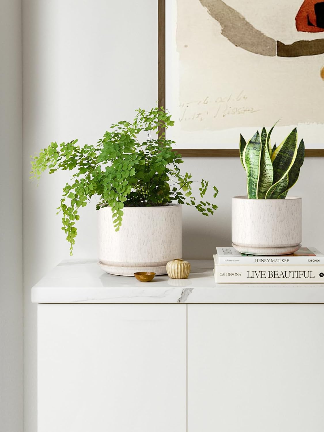 Thumbnail 6 de LE TAUCI ceramic plant pots set of 3 (11, 13 & 17 cm) with drainage hole and saucer in reactive glaze beige